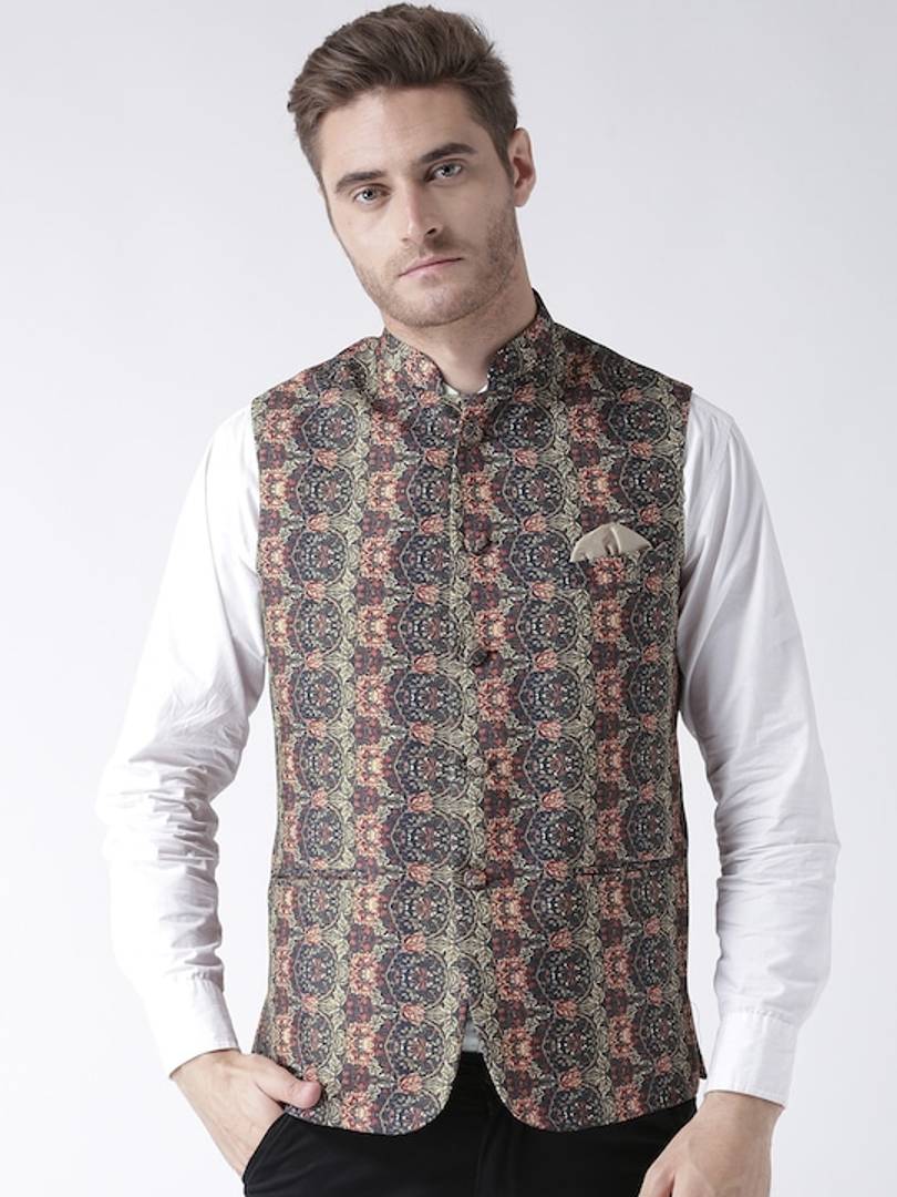 Men's Multicoloured 
Polyester
 Printed Nehru Jackets
